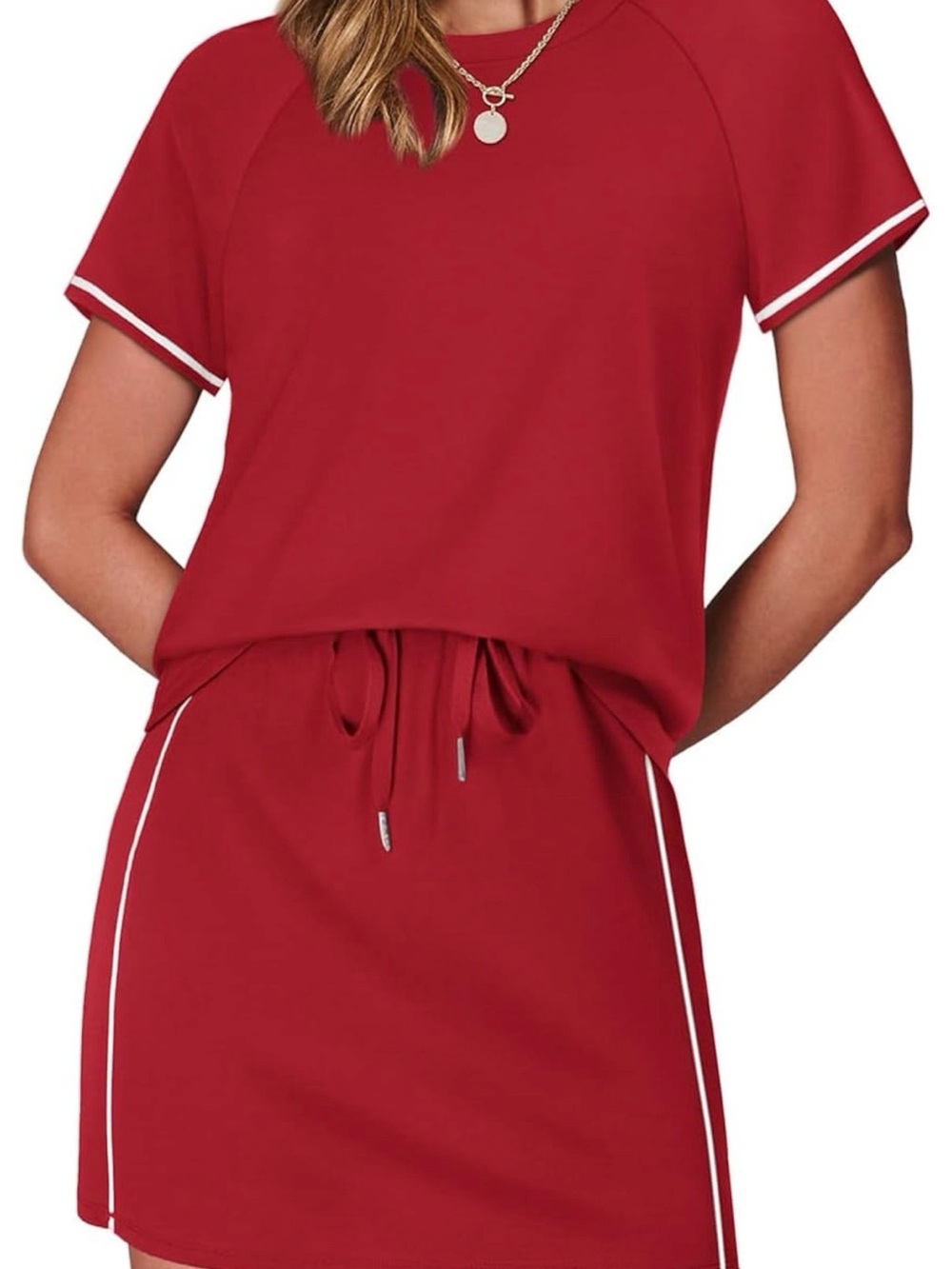 Casual Red Short Sleeve Skirt Set with Drawstring Waist